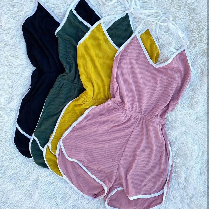 Summer Wear Color-contrasting Stripe Striped Slim-fit Lace Up Home Fitness Romper