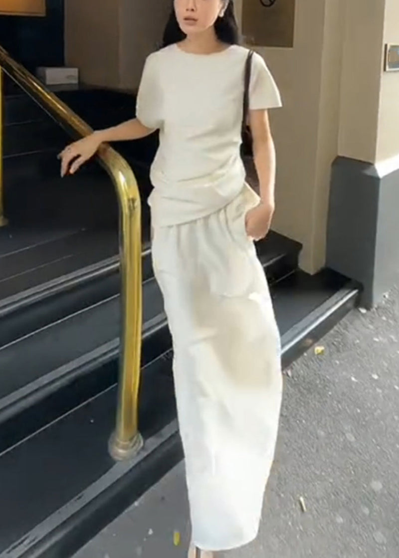 New White O Neck Tops and Skirts Cotton Two-piece Set Summer Ee049