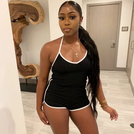Summer Wear Color-contrasting Stripe Striped Slim-fit Lace Up Home Fitness Romper