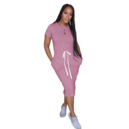 Dress Basic Elastic Waist Short Sleeve Color T Shirt Midi Dress