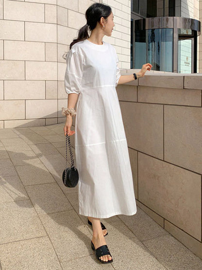 Round-neck Bishop Sleeve Loose Color Midi Dress