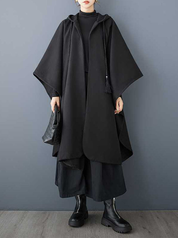 Stylish Black Hooded Drawstring Tasseled Pockets Zip-up Batwing Sleeve Trench Coat Tw007