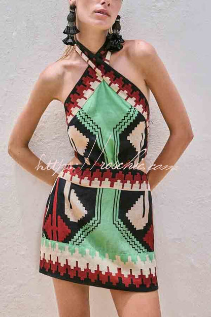 Unique Print Halter Backless Holiday Mini Dress