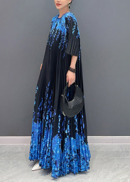 Fine Black O Neck Print Pleated Long Dresses Summer Ao1006