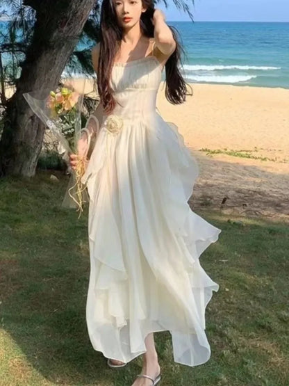 Irregular Ruffles Midi Dress New Summer Spaghetti Strap Beach Vocation Korean Female Vestidos