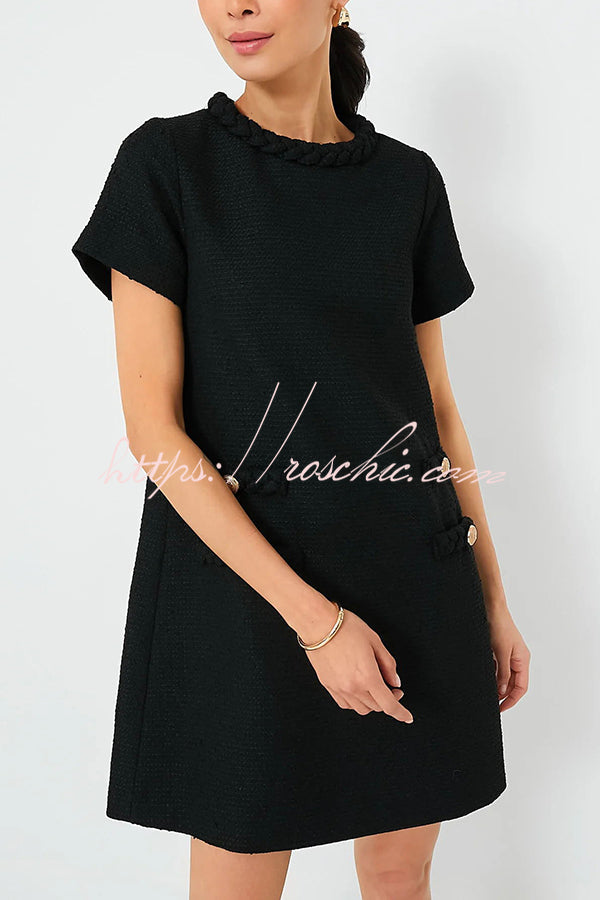 Confident and Tweed Fabric Braided Trim Button Shift Mini Dress