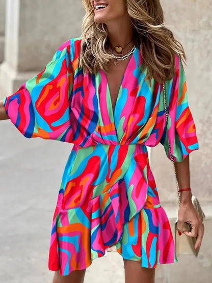 Summer Irregular Mini Dress Print Bohemia Sundress Bat Sleeve Ruffles Vestidos Dresses for