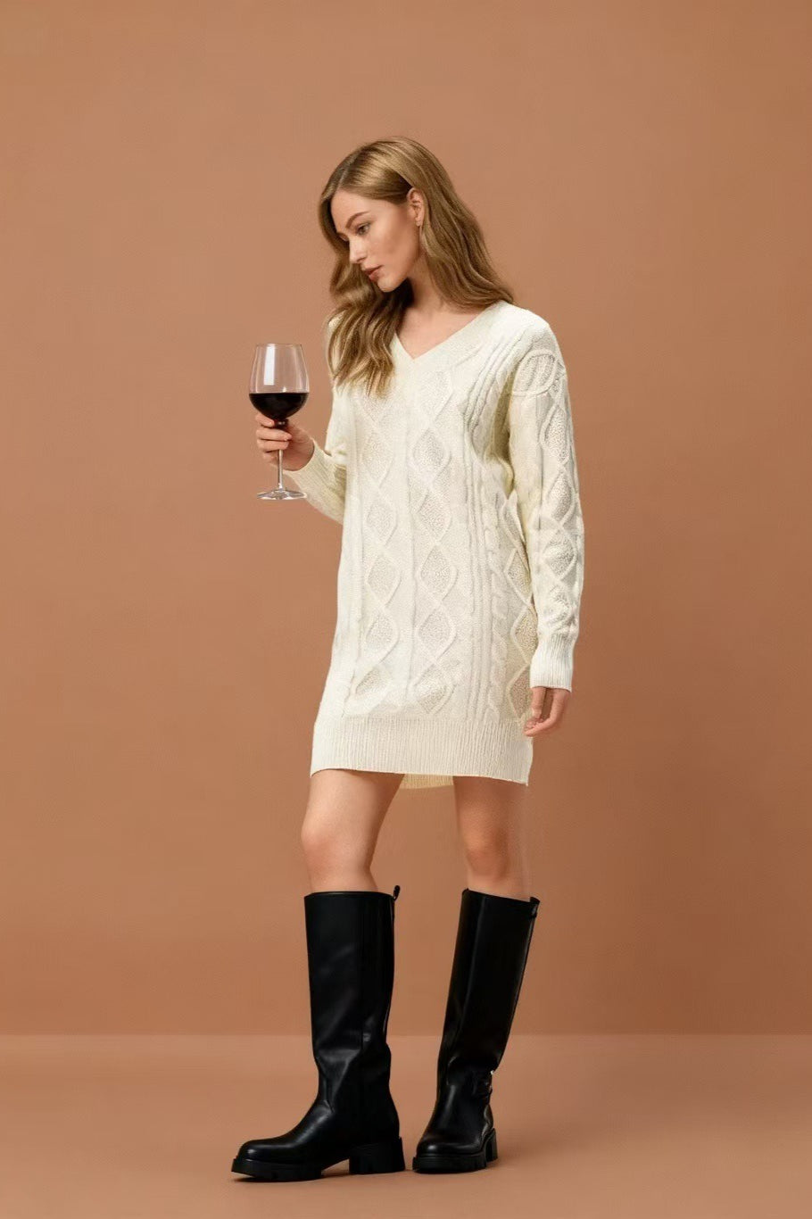 V-neck Cable-knit Sweater Mini Dress