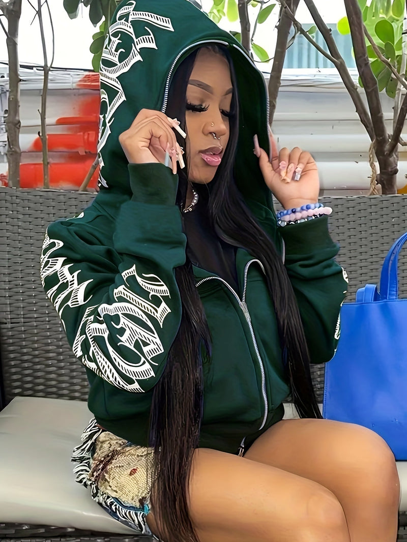 Letter Print Long Sleeve Zip Up Hoodies Rg2041