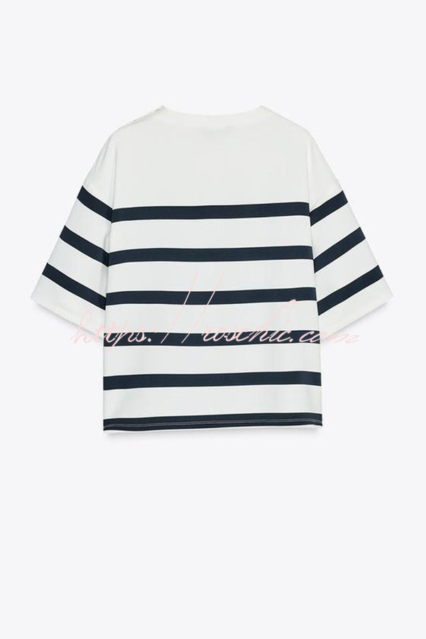 Logbook Stripe Button Shoulder T-shirt and High-rise Pocketed Loose Shorts Set