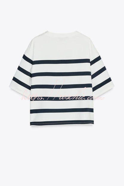 Logbook Stripe Button Shoulder T-shirt and High-rise Pocketed Loose Shorts Set
