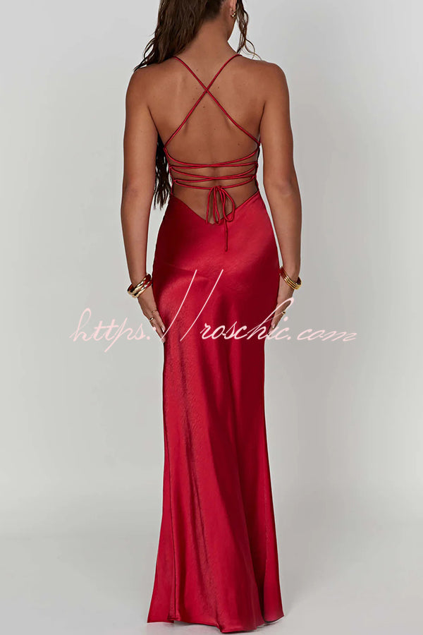 Satin Color Backless Lace Up High Slit Maxi Dress