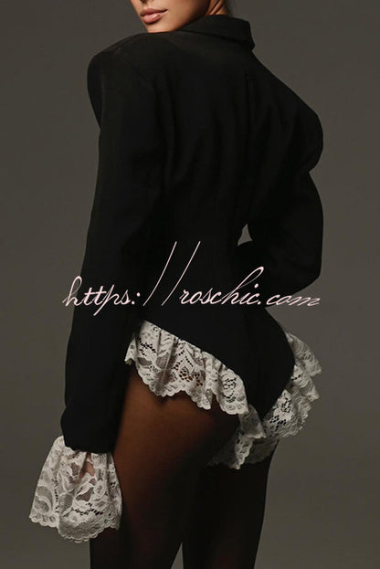 Full of Design Lace Trim Long Sleeve Lapel Blazer Romper