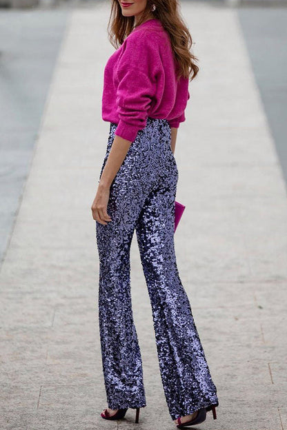 Diva Sequin High Rise Elastic Waist Flare Pants(shipped Within 24 Hours)