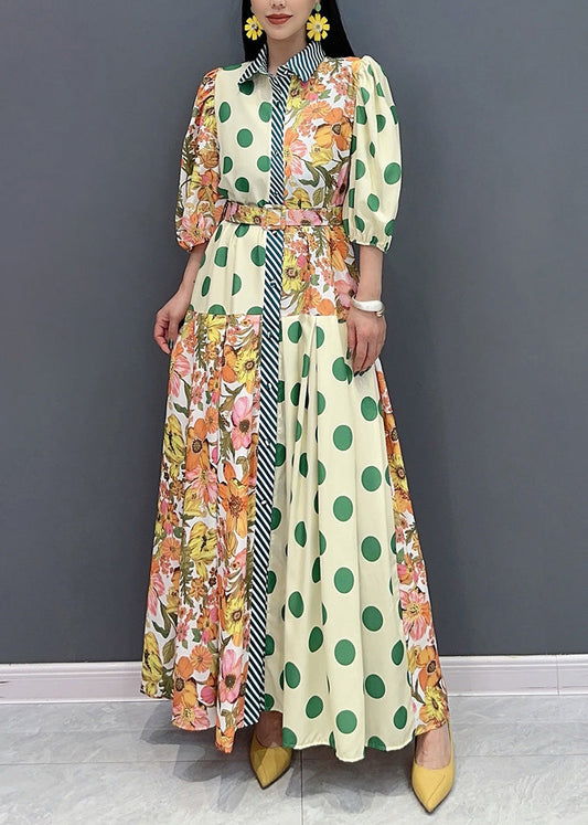 Style Green Peter Pan Collar Print Cotton Long Dress Summer Ao1049