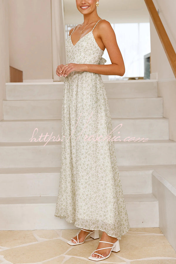 Print V-neck Sleeveless Back Tie Pocket Maxi Dress