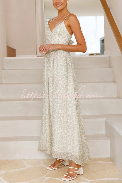 Print V-neck Sleeveless Back Tie Pocket Maxi Dress