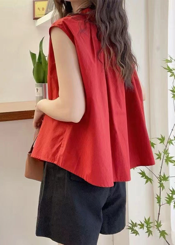 Red O Neck Button Cotton Blouses Sleeveless Qp063