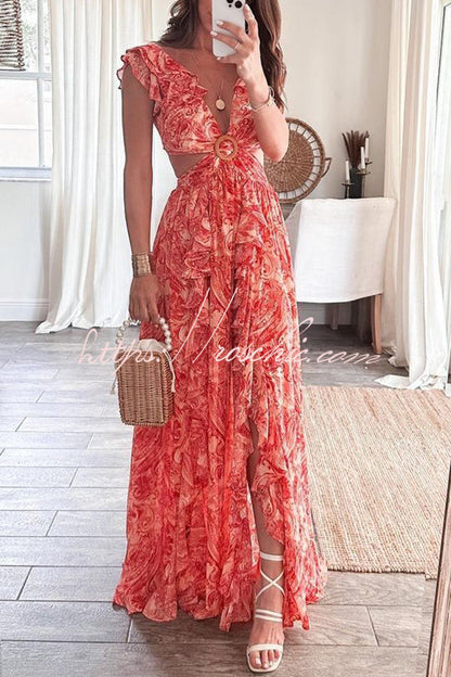 Boldest Bloom Printed Ruffle Sleeve Cutout Maxi Dress