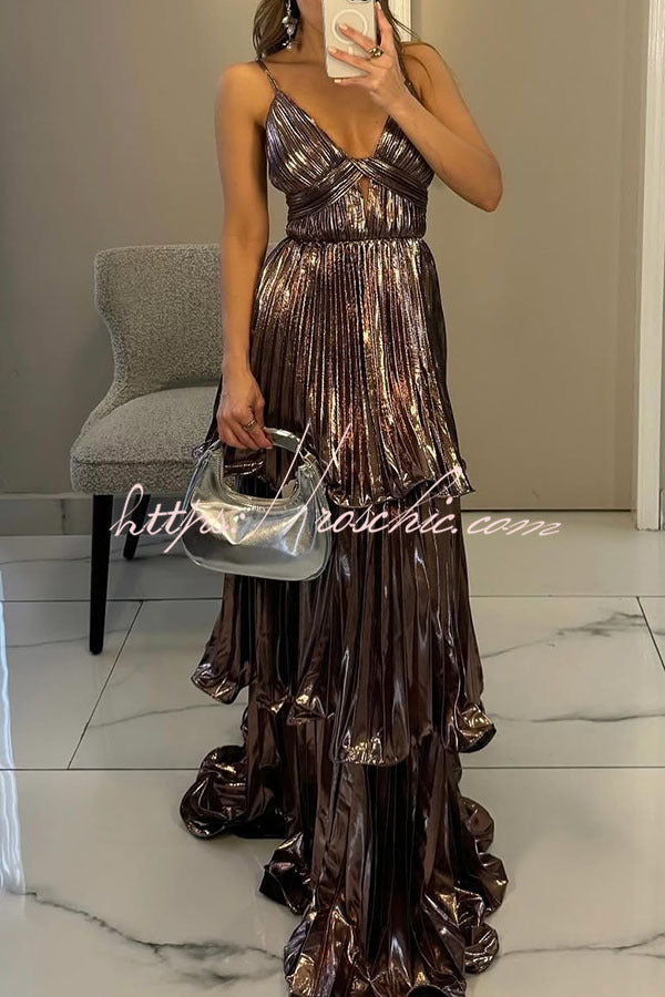 Seize the Pleated Metallic Fabric Cutout Tiered Maxi Dress