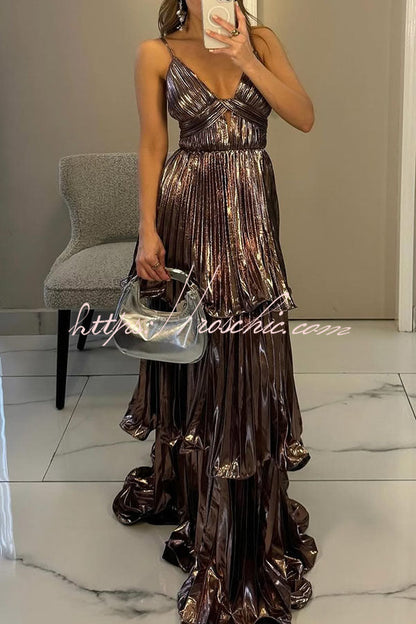 Seize the Pleated Metallic Fabric Cutout Tiered Maxi Dress