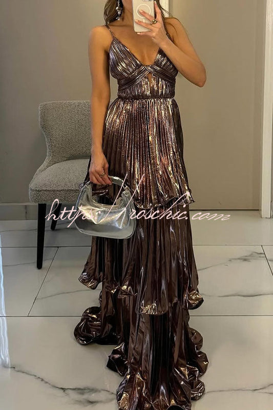 Seize the Pleated Metallic Fabric Cutout Tiered Maxi Dress
