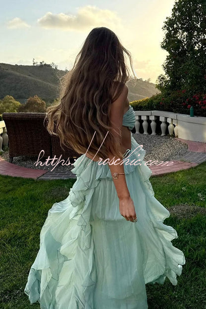 Vacation Halter Rose Detail Cut Out Ruffles Backless Maxi Dress