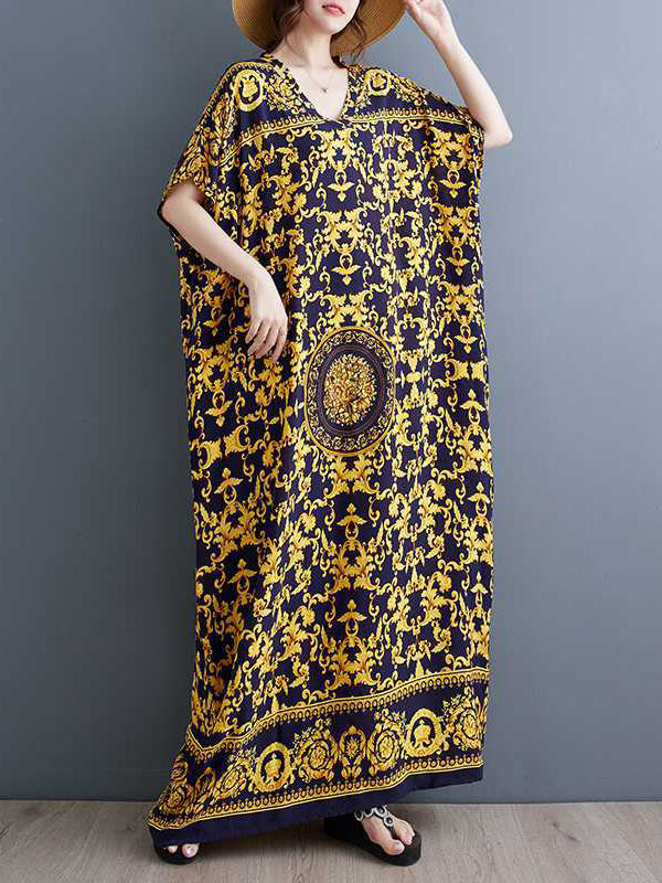 A-line Batwing Sleeves Printed V-neck Maxi Dresses