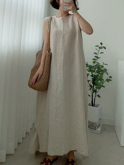 Simple Color Split-side Round-neck Sleeveless Midi Dress