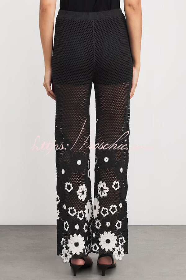 Embroidered Hollow Hook Elastic Waist Wide-leg Pants