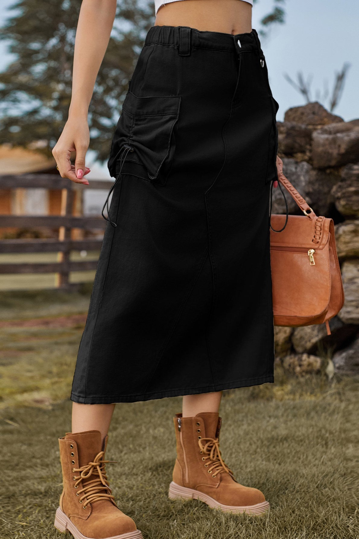 High-waist Denim Cargo Midi Skirt