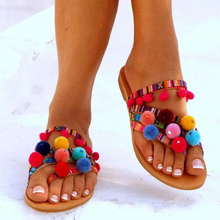 Colorful Fur Ball Tribal Wind Beach Dress Slippers