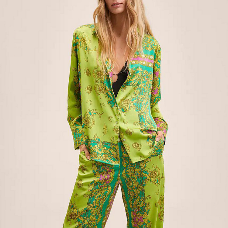 Green Printed Two Piece Shirt and Pants Set