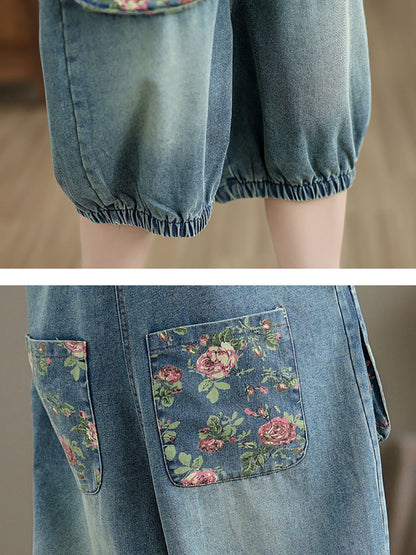Summer Retro Flower Spliced Denim Jumpsuits Bn1030