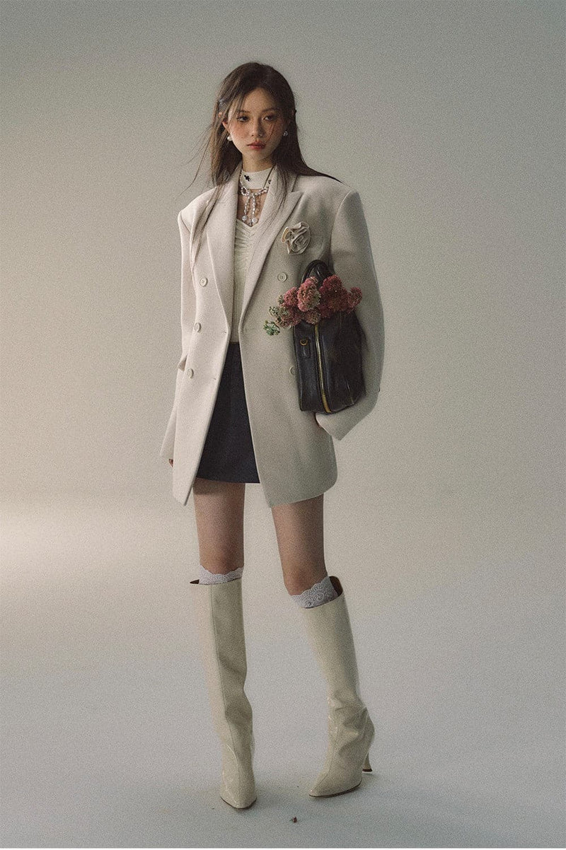 Cream Woolen Double-breasted Coat