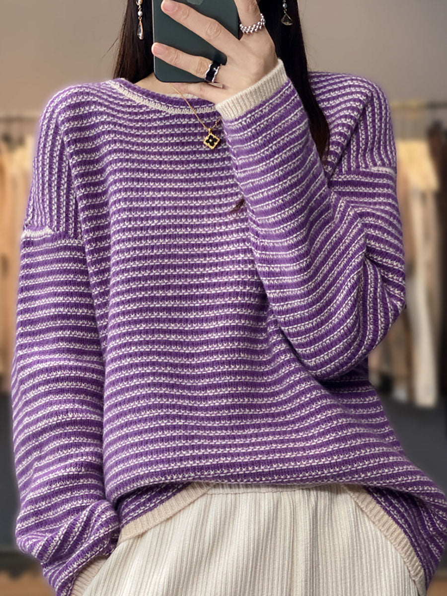 Autumn Stripe O-neck Wool Knit Sweater At1012