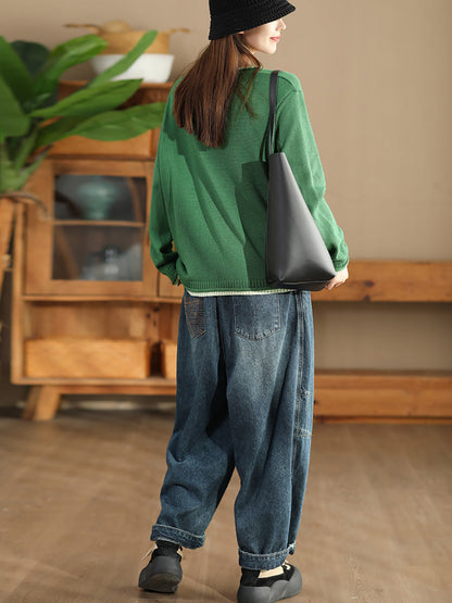 Autumn Colorblock O-neck Cotton Knit Blouse Ai1068
