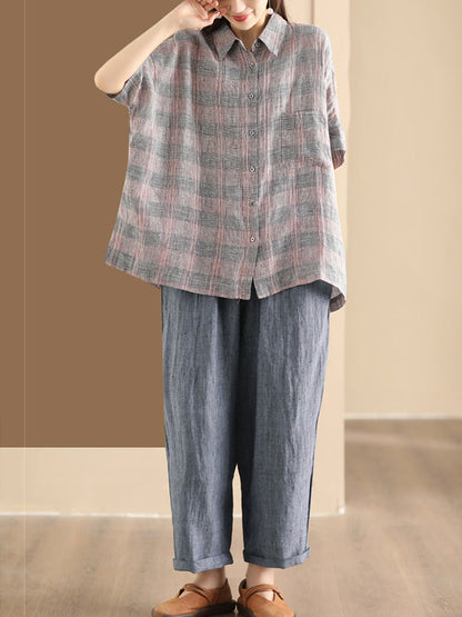 Retro Summer Plaid Linen Button-up Blouse Co1006
