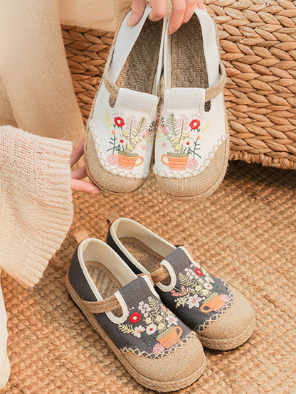 Summer Artsy Flower Embroidery Linen Cotton Shoes At1080