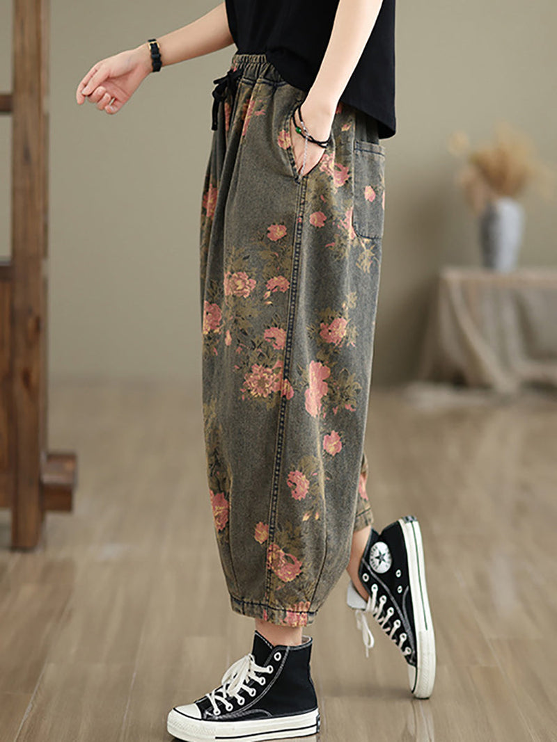 Summer Retro Flower Denim Loose Pants Ii1003