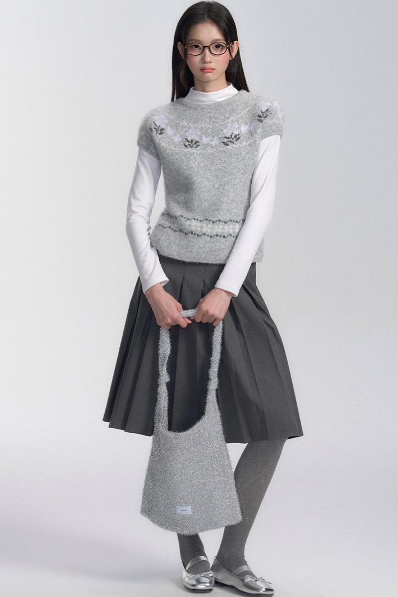 Grey Patterned Layered Knit Blouse Set-up