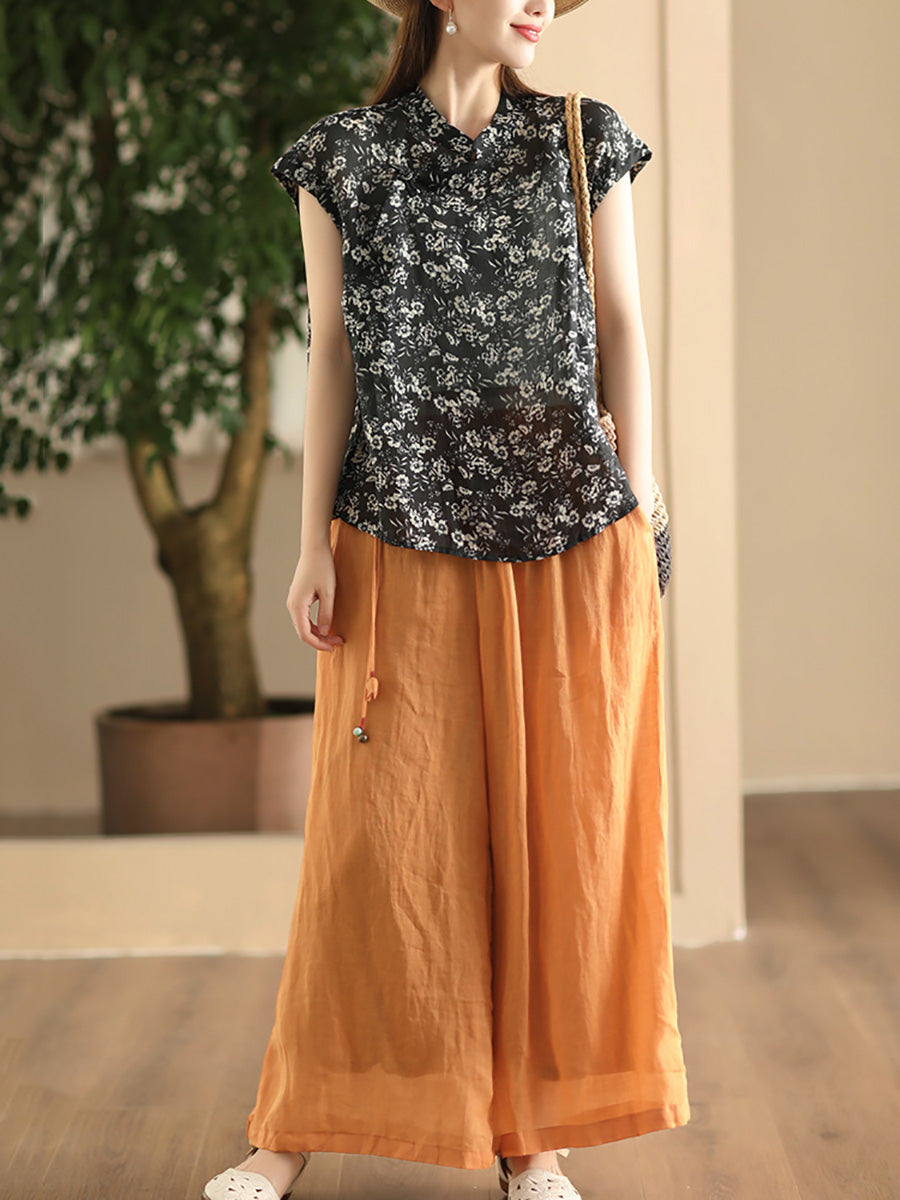 Summer Dual-layer Wide-leg Ramie Pants Fd049