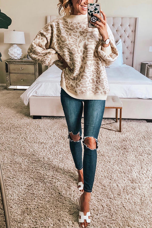 Crewneck Drop Shoulder Leopard Slouchy Sweater