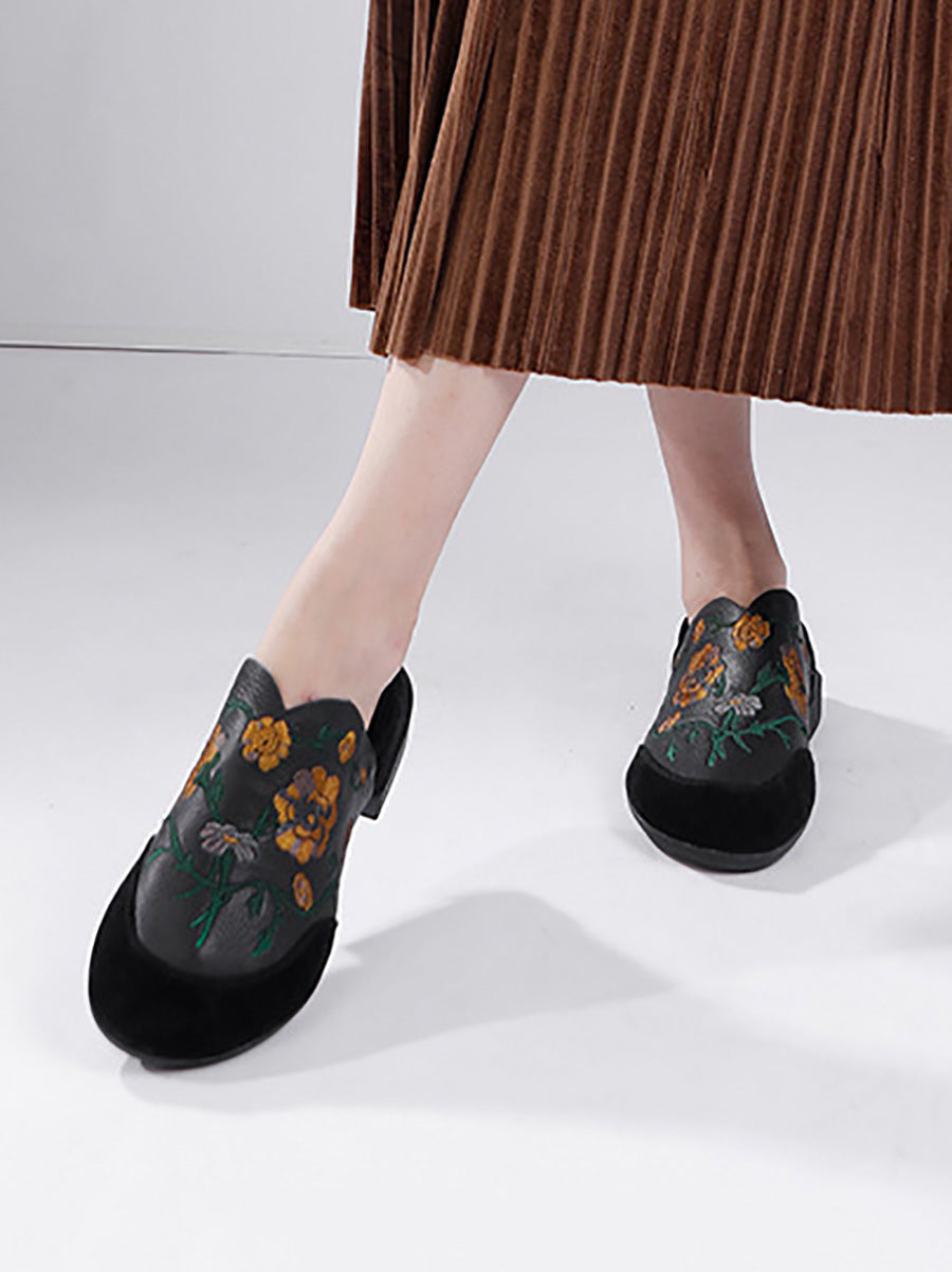Autumn Embroidery Leather Low Heel Shoes Ai1020