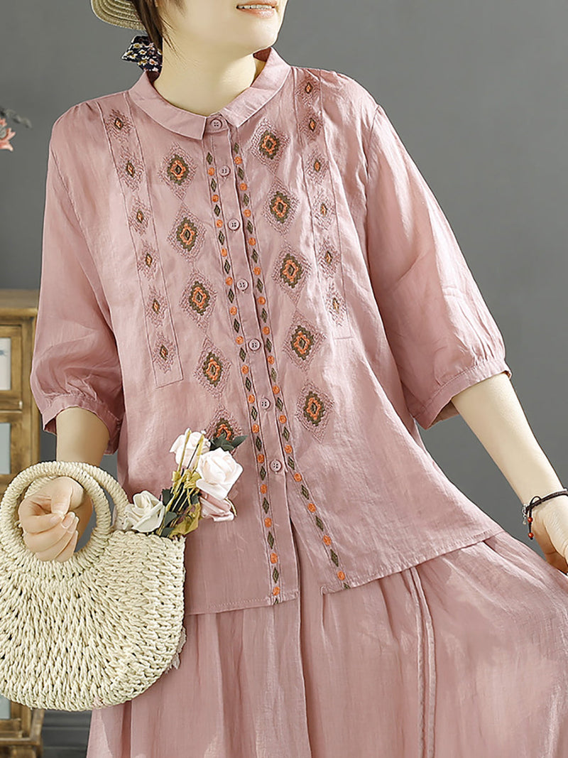 Rhomboids Embroidery Ramie Button Up Blouse Kl1031