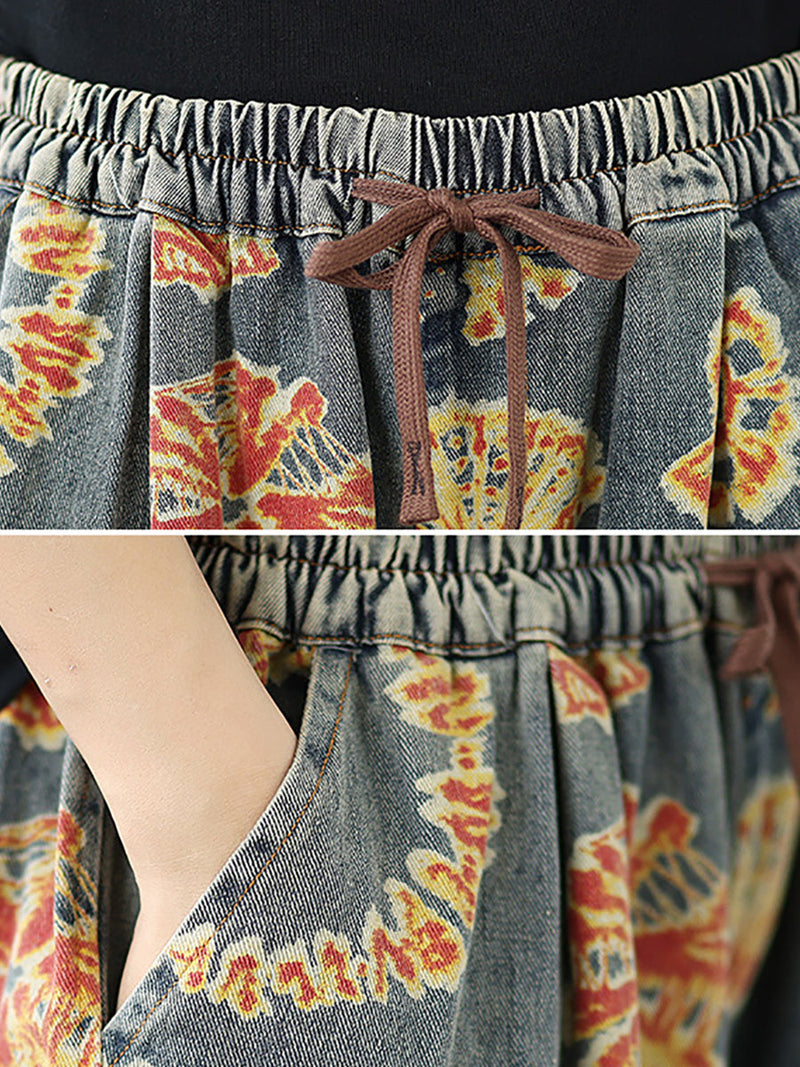 Straight Pants Retro Capri Flower Denim