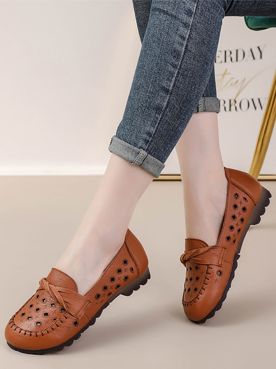 Leather Cutout Spliced Low Heel Shoes Rr1047