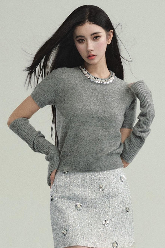 Layered Look: Pearl-trimmed Cropped Sweater With Detachable Arm Warmers