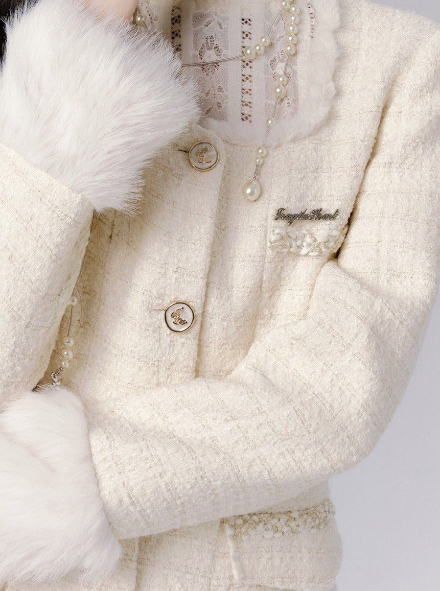 Ivory Tweed Coat Dress With Fur-trimmed Cuffs
