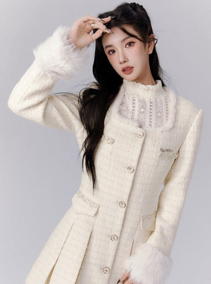Ivory Tweed Coat Dress With Fur-trimmed Cuffs